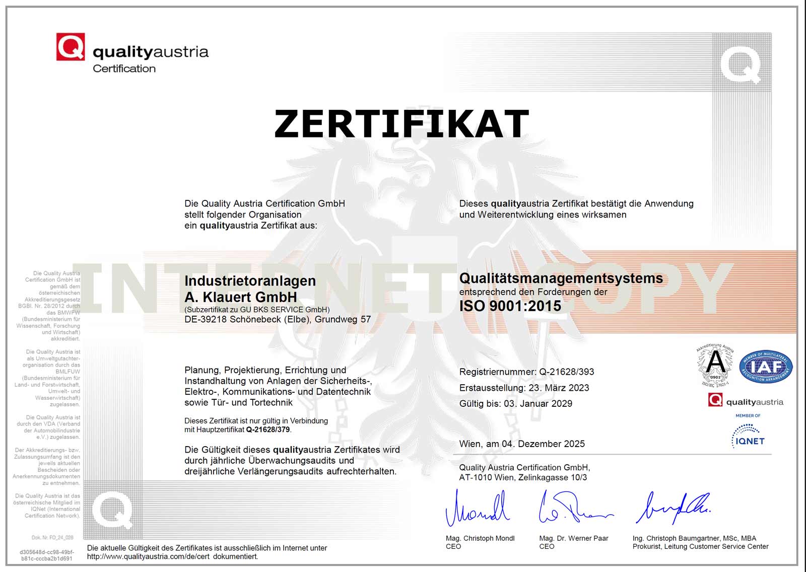 Industrietoranlagen Klauert Zertifikat Industrietoranlagen Klauert Zertifikat